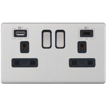 Selectric 5M-Plus Satin Chrome 2 Gang 13A Switched Socket with USB C ...