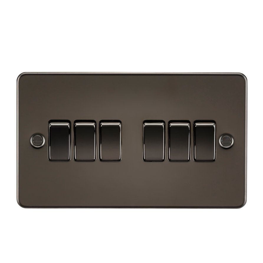 Knightsbridge Flat Plate Gunmetal 10A 6 Gang 2 Way Switch | UKES