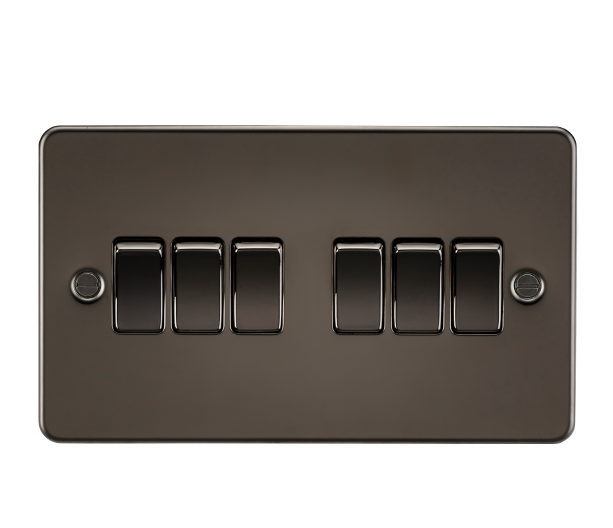 Knightsbridge Flat Plate Gunmetal 10A 6 Gang 2 Way Switch | UKES