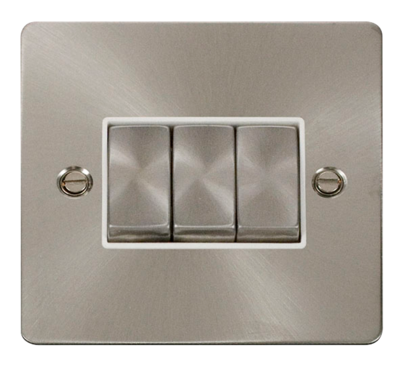 Click Define Brushed Steel Flat Plate Triple Light Switch with White