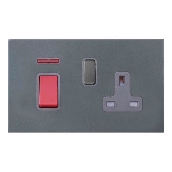Hamilton Sheer G2 Anthra Gray 45A Double Pole Switch with Red Rocker and Neon plus 13A Switched Socket with Anthra Gray Rocker and Quartz Grey Surround