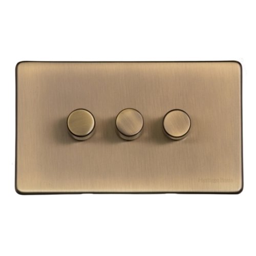 Heritage Brass Vintage Antique Brass 3 Gang 250W Dimmer with Antique