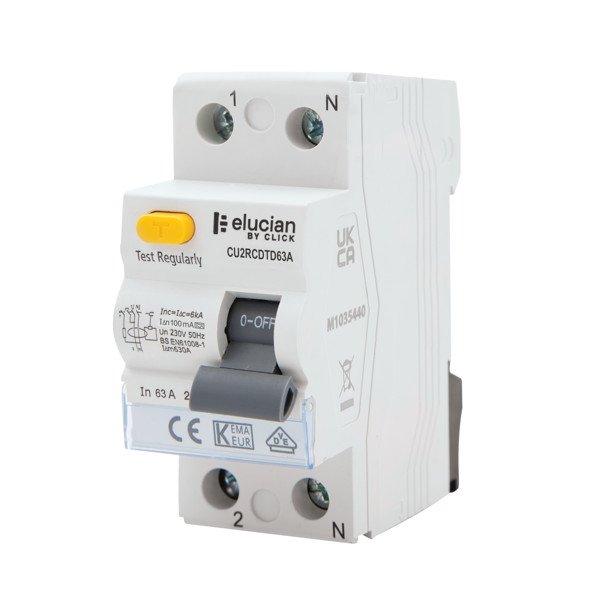 Elucian 63A 100mA Time Delayed Double Pole RCD (CU2RCDTD63A) UKES