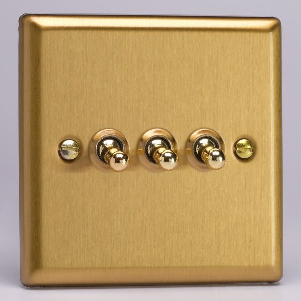 thumbnail interactive-video image 1 of Varilight XG93D Georgian Polished Brass 3-Gang 2-Way Rocker Switch - Twin Plate 1 of 6