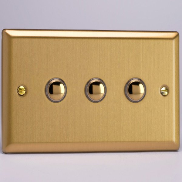 Varilight Classic Brushed Brass 3 Gang 6A 1 Way PushtoMake Momentary