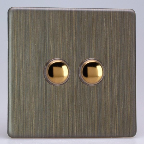 Varilight Urban Screwless Antique Brass 2 Gang 6A 1 Way PushtoMake
