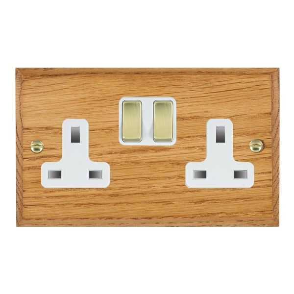 Hamilton Woods Chamfered Medium Oak 2 Gang 13A Double Pole Switched Socket with Polished Brass