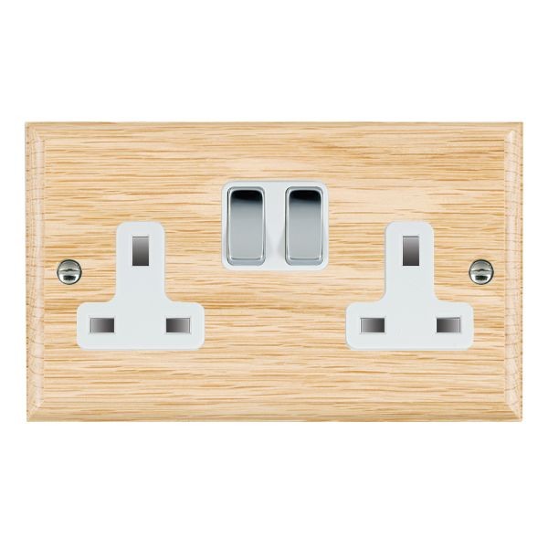Hamilton Woods Ovolo Light Oak 2 Gang 13A Switched Socket with White Insert & Bright Chrome