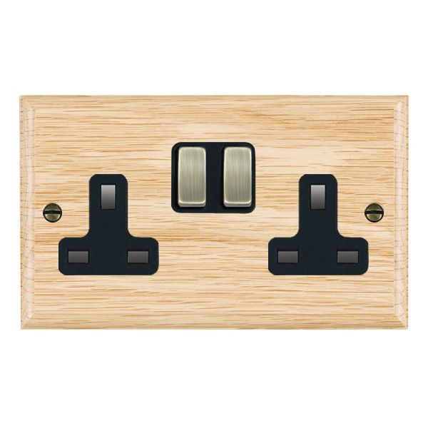 Hamilton Woods Ovolo Light Oak 2 Gang 13A Switched Socket with Black