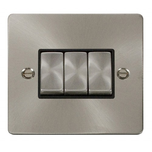 Click Define Brushed Steel Flat Plate Ingot 10AX 3 Gang 2 Way Switch 