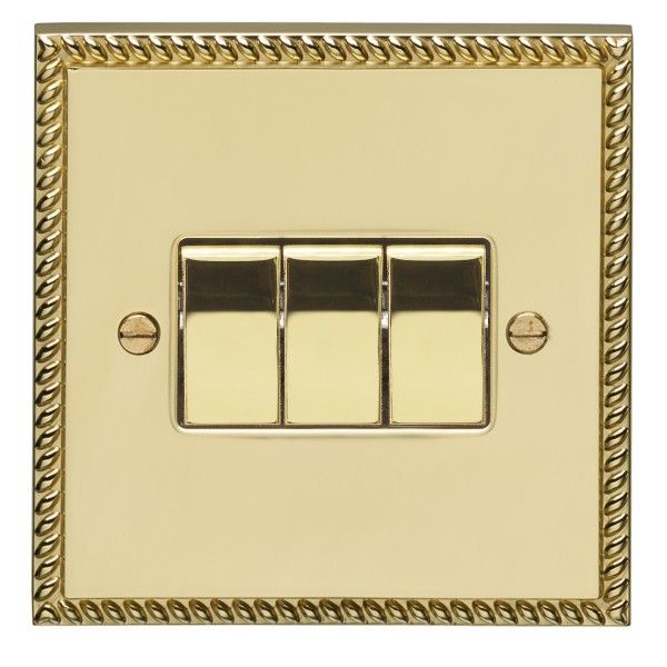 Varilight XG93D Georgian 3 Gang 2 Way Rocker Switch - Polished Brass Twin Plate