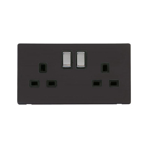 Click Definity Flat Plate Screwless Uk 2 Gang 13a Ingot Switched Socket Black Insert With