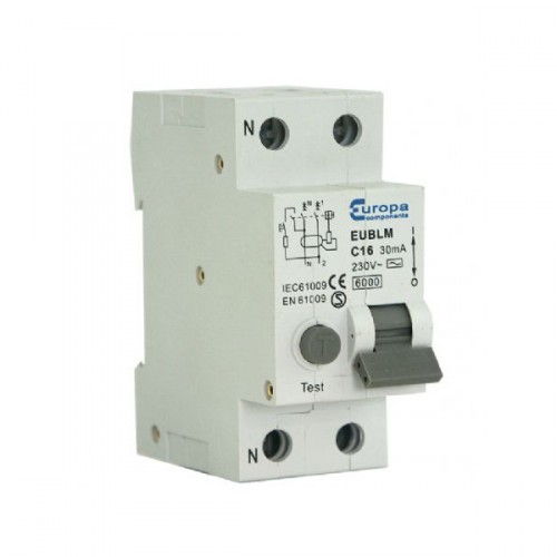 Europa EUBLM16C30A 16amp Type C 6kA Double Pole RCBO (Type A RCD) at UK