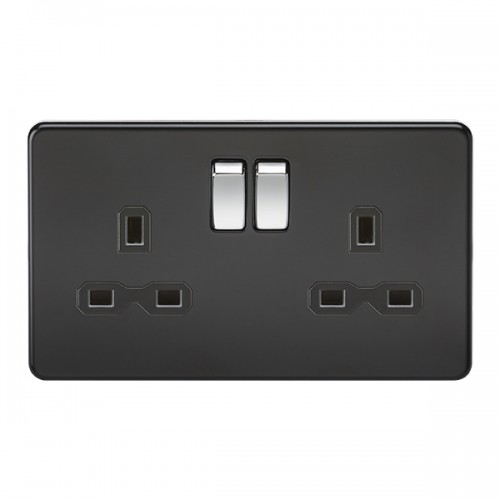 Knightsbridge Screwless SFR9000MB Matt Black & Chrome 2 Gang Socket UKES