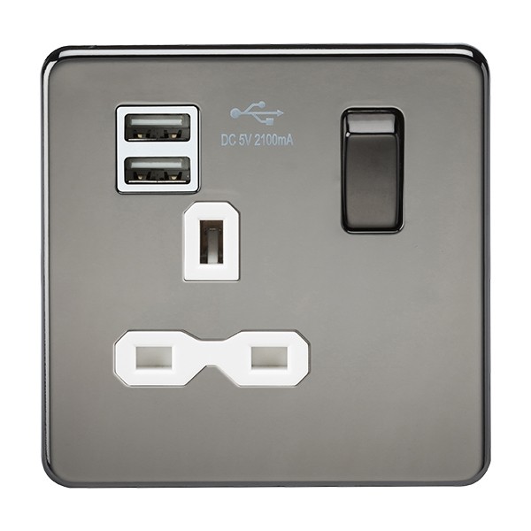 Knightsbridge Steckdose Mit USB – 2 USB-Ports (2,1A), Schwarz Mit Weißem Einsatz, Schraubenlos