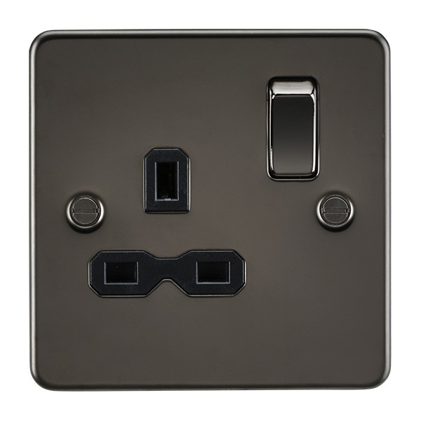 Knightsbridge Flat Plate Gunmetal 13A 1 Gang DP Switched Socket Black