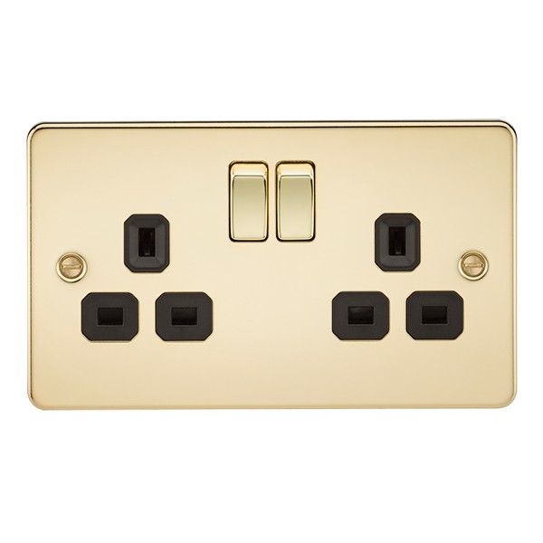 Knightsbridge Flat Plate FP9000PB Polished Brass 13A 2 Gang DP Switched Socket Black Inserts