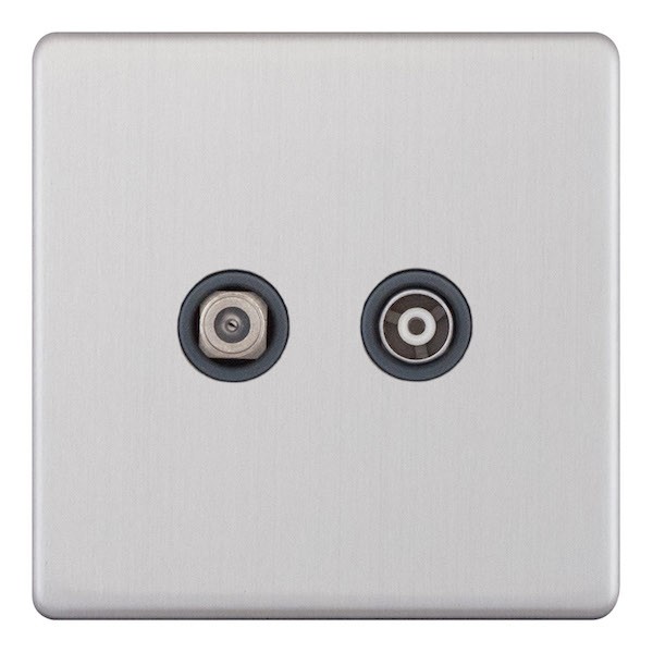 BG Brushed Steel Screwless 2 Gang Satin Chrome Satellite Sky Socket Black insert