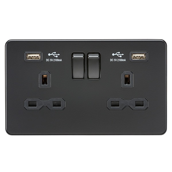 Knightsbridge Screwless Matt Black Socket w/ USB (SFR9902MBB) UKES