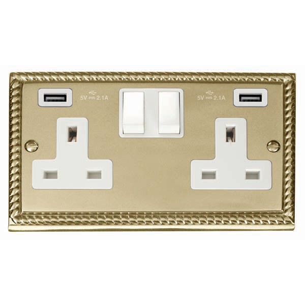 Click Deco Cast Brass 2 Gang 13A Switched Socket and Twin 2.1A