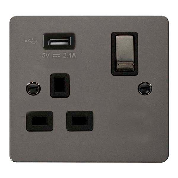 Click Switched Socket, Black Insert, 2.1A USB (FPBN571UBK) UKES