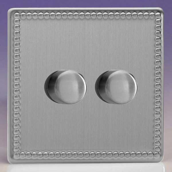 Brushed Steel Varilight Screwless 2-Gang 2-Way Push-On//Off Rotary LED Dimmer