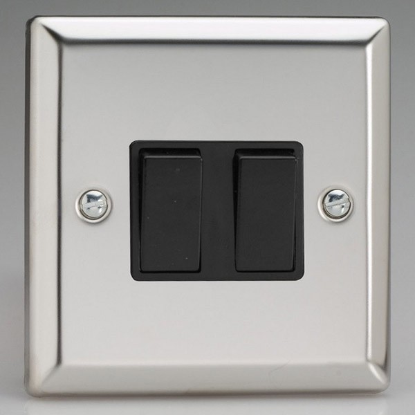Varilight Classic Mirror Chrome 2 Gang 10a Intermediate Switch With Black Insert