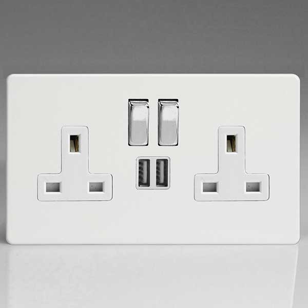 XB5DW Varilight 2 Gang 13 Amp Double Pole Switched Socket Classic Brushed Brass Effect With White Sockets And Polished Brass Switches