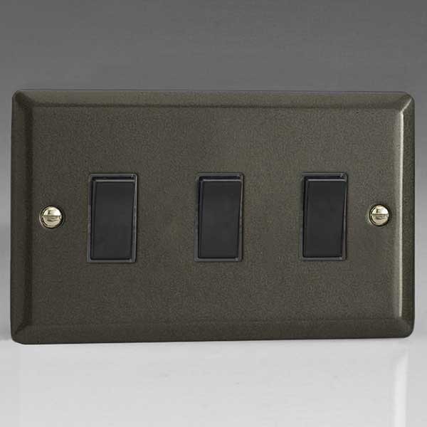 Varilight 3-Gang 10A 1- or 2-Way Rocker Light Switch (Twin Plate) Brushed Brass XDB93S, 86x147x25mm