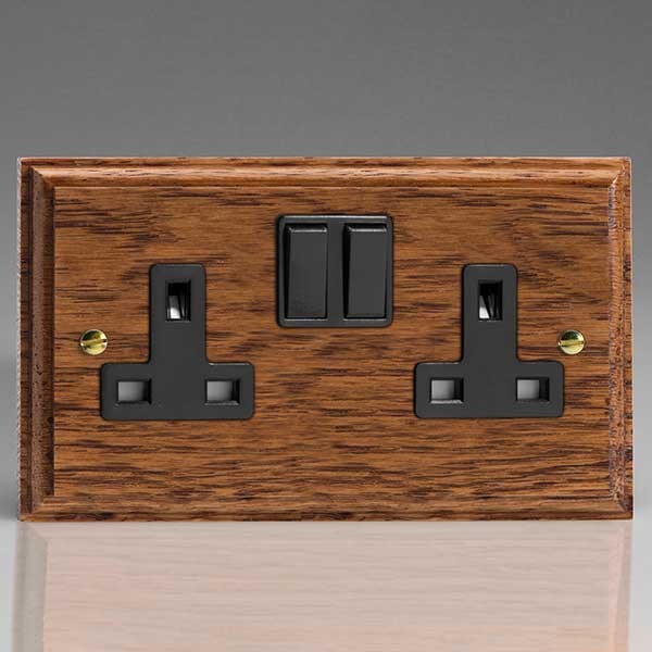 Varilight Kilnwood Medium Oak 2 Gang 13A DP Switched Socket with Black