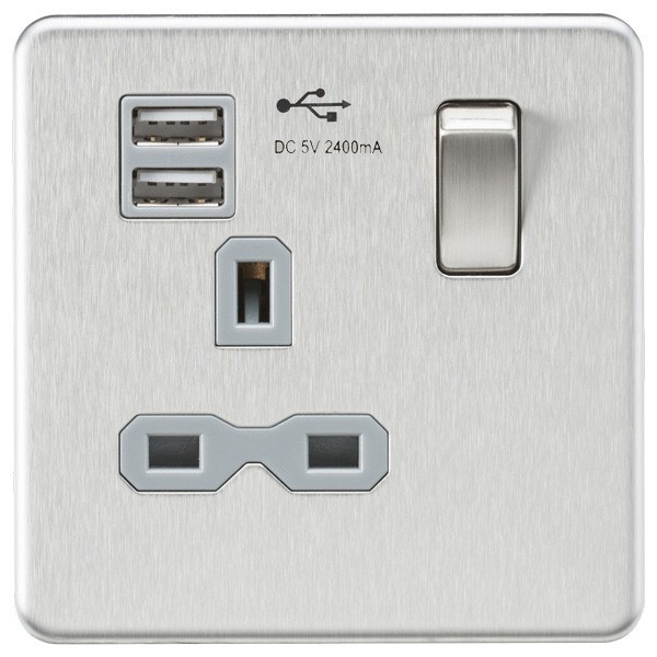 Knightsbridge Screwless Brushed Chrome 13A 1 Gang Switched Socket with
